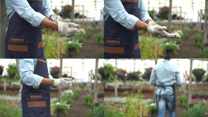 在花园中心工作时戴上防护手套的一名面目全非的男子的特写镜头