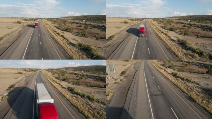 黄昏时分，一辆半卡车在犹他州沙漠的一条高速公路上疾驰而下