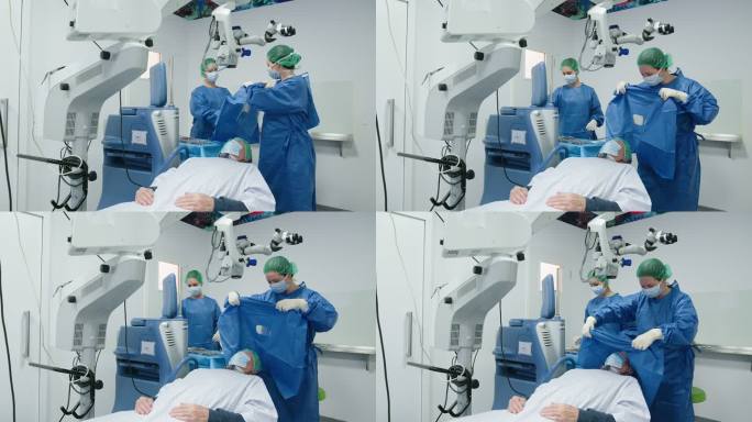 外科医生在手术室为患者做眼部手术准备