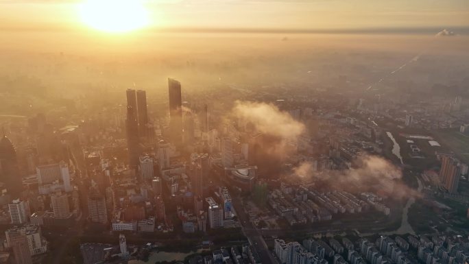 无锡城市航拍无锡市中心日出平流雾航拍