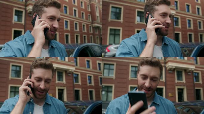 一位年轻迷人的汽车司机站在红砖外墙上，结束了电话交谈