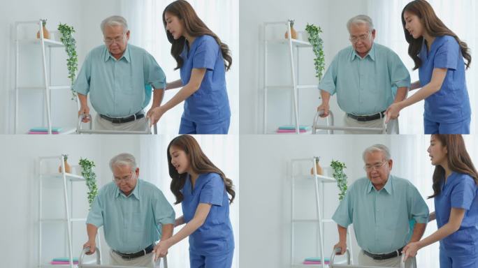 亚洲老年男性患者与护理人员进行物理治疗。有吸引力的专业护理人员女性帮助和支持年长的成熟男性在养老院护