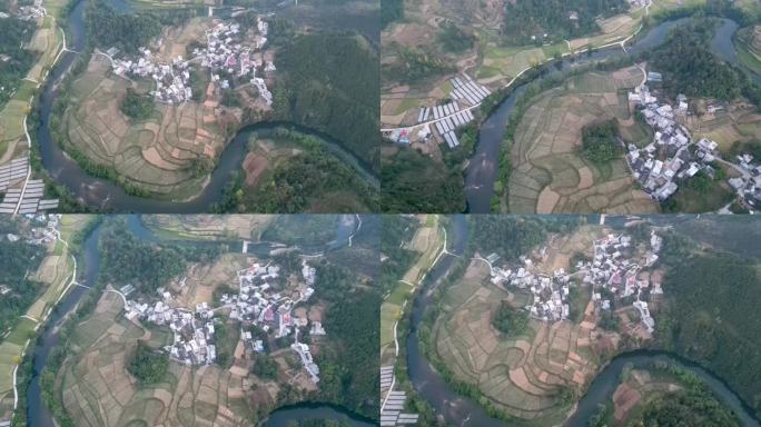 4K高空航拍俯瞰依山傍水的贵州小山村面貌