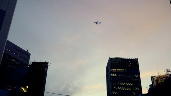 黄昏时在城市上空飞行的飞机。东京六本木的城市风景