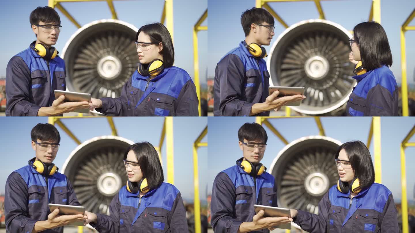 4K男女飞机工程师使用数字平板电脑检查喷气发动机