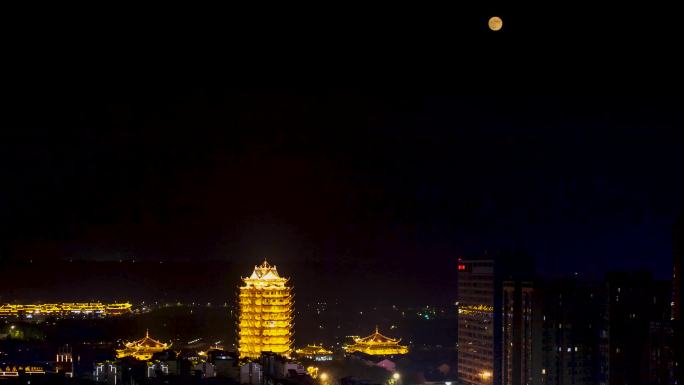 眉山市东坡城区、远景楼月亮升空延时