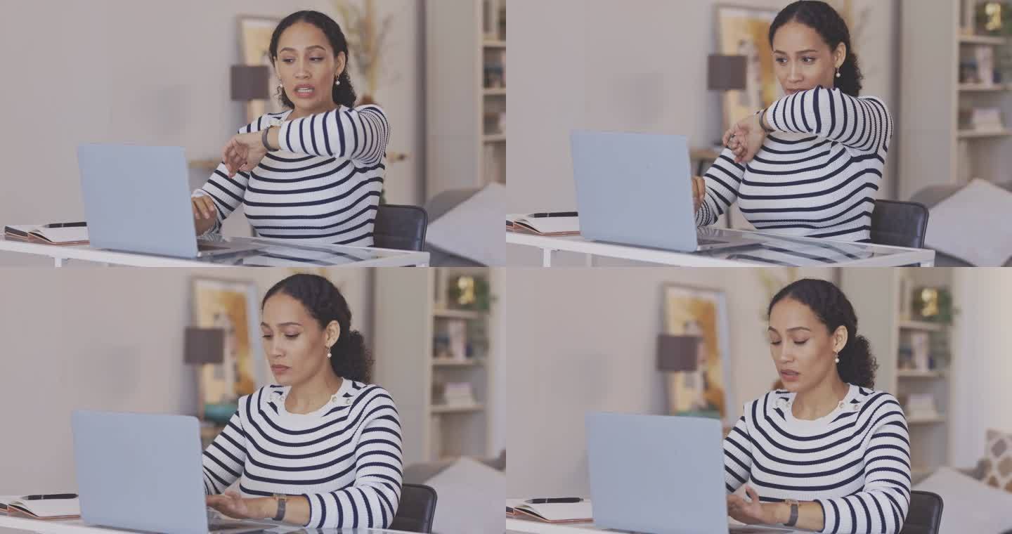 一个生病的女人在笔记本电脑上打字时打喷嚏。远程工作时生病的妇女