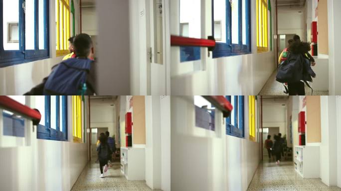 孩子们在学校走廊上奔跑