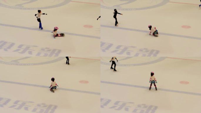 学滑冰的小女孩跌倒后重新站起来