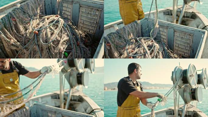 地中海渔夫卷网渔船渔网国外打鱼渔民