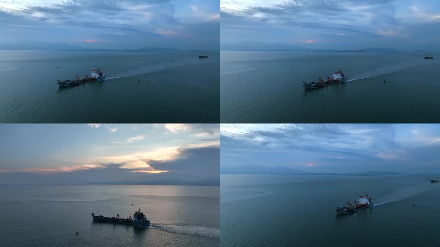 港口夕阳大船在航行海日出傍晚