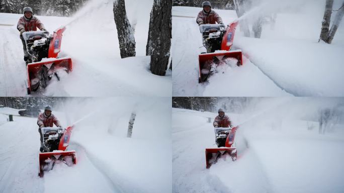 老人在上坡车道上吹雪