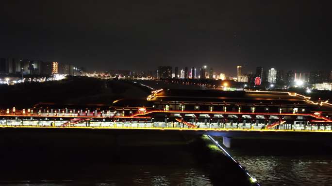 航拍咸阳古渡廊桥夜景