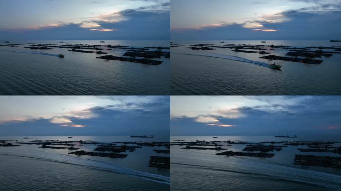 渔港夕阳大飞船在航行傍晚