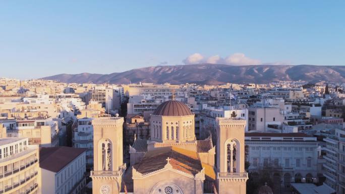 雅典历史中心的空中镜头-雅典大教堂、雅典卫城、莫纳斯蒂拉基、希腊利卡贝特斯山