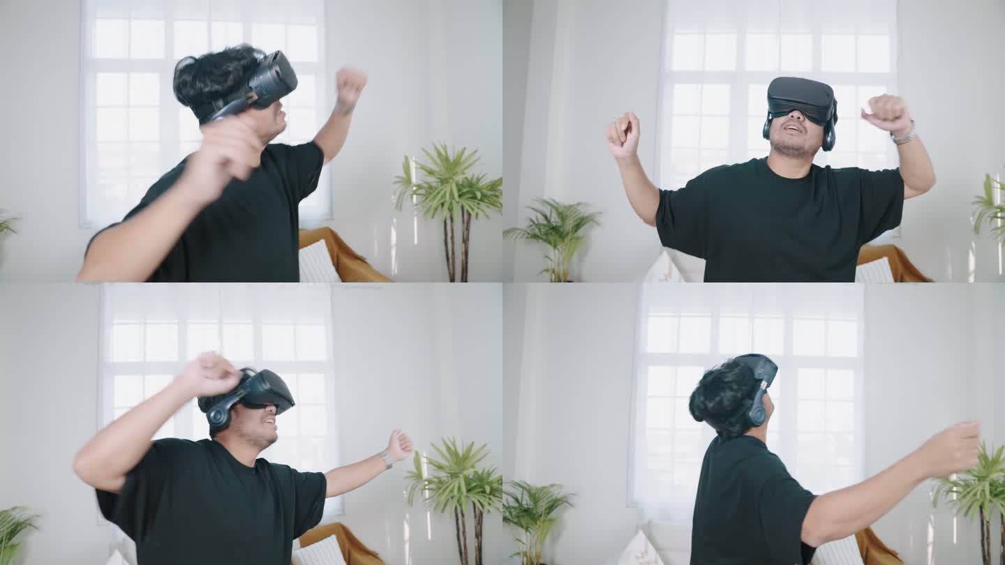 在家里使用虚拟现实耳机跳舞的快乐男人