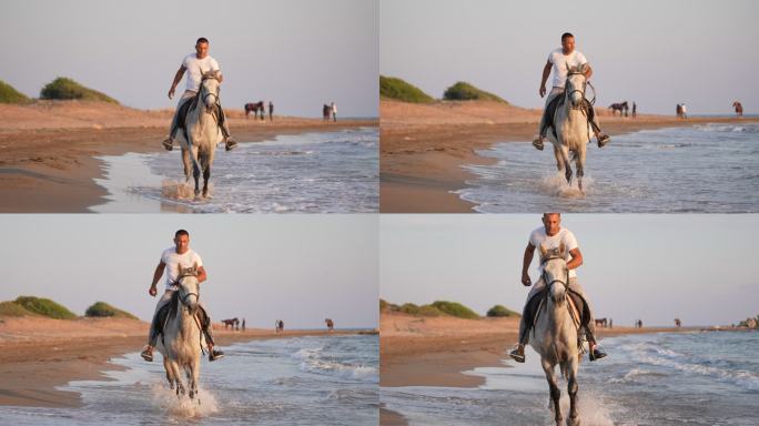 在海滩上慢动作骑马。