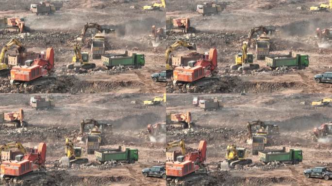 繁忙工地复工工业挖机工地平整渣土车