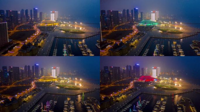 大连东港游艇码头会议中心夜景航拍移动延时