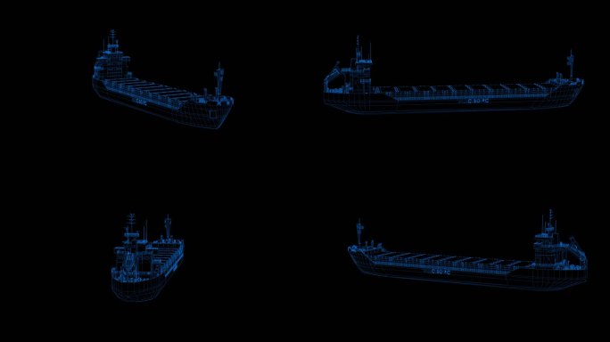 4K蓝色全息科技线框船 游艇素材带通道