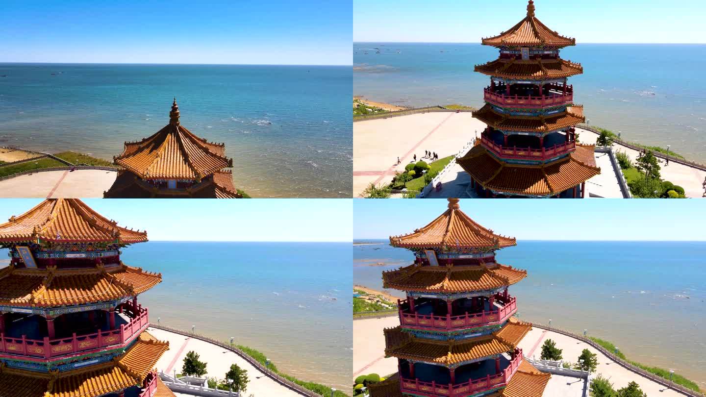 锦州海天阁海边古建筑航拍
