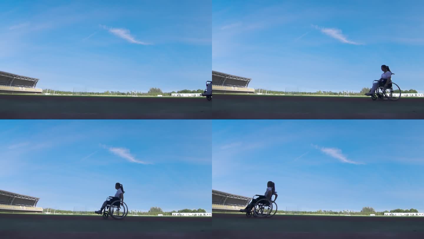 残疾人滑轮滑过跑道