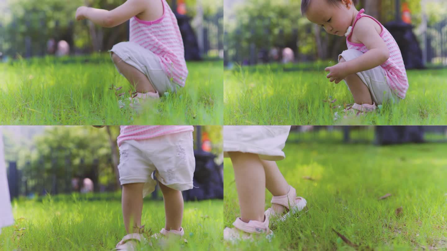 小孩行走在青草地