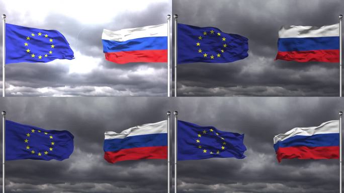 欧盟和俄罗斯国旗相互挥舞|可循环。