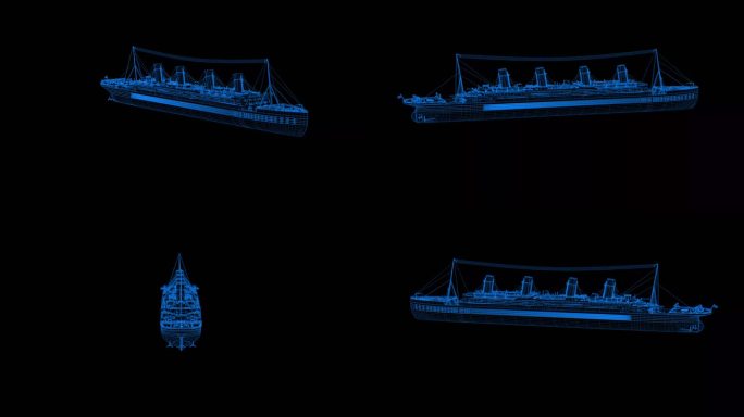 4K蓝色全息科技线框船 游艇素材带通道