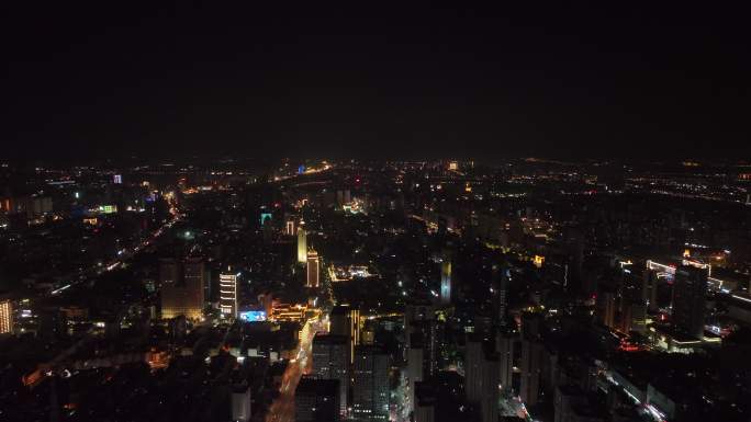 航拍济南绿地中心灯光秀环绕镜头夜景