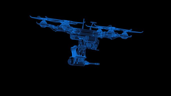 4K蓝色全息科技线框无人机素材带通道