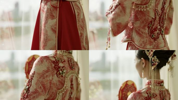 年轻的中国女性穿着传统婚纱，红色秀河服装，手持传统中国粉丝，对着镜头微笑，慢镜头拍摄