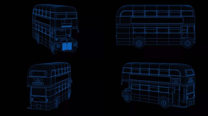 4K蓝色全息科技线框双层公交车素材带通道