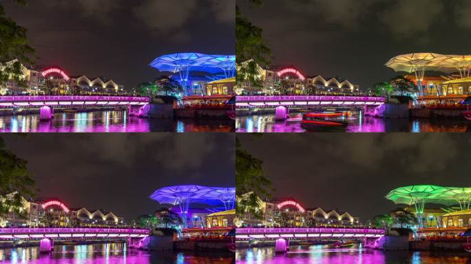 在新加坡克拉克码头码头，多彩的夜河和繁忙的游览船，延时视频