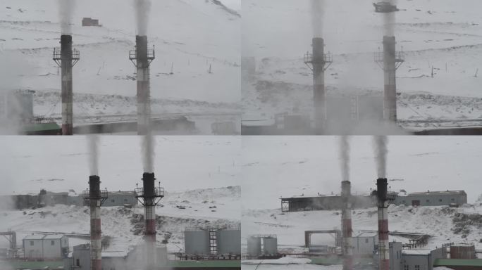 无人机拍摄了斯瓦尔巴群岛上的老煤矿管道冒烟