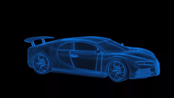 4K蓝色全息科技线框布加迪超跑素材带通道