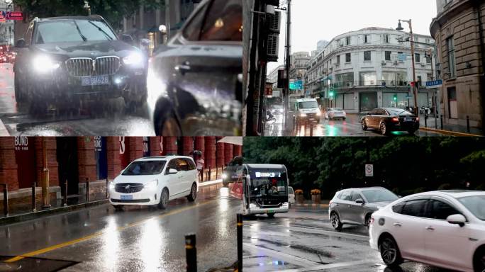 大雨天街头行驶的车辆