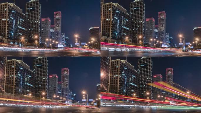 北京夜间交通的T/L PAN低角度视图