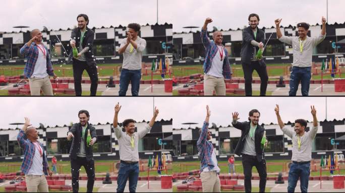 快乐的人在与朋友们赢得一场围棋比赛后，在领奖台上庆祝自己的胜利