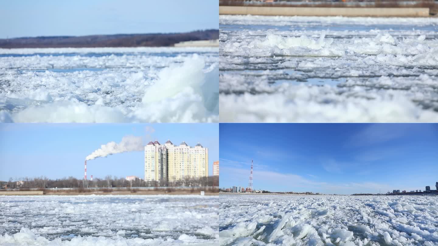 中俄界江 黑龙江 跑冰排 延时拍摄