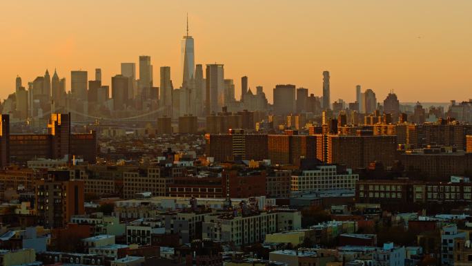 日落前的傍晚，曼哈顿市中心和自由塔的远景。布鲁克林住宅区的远景。鸟儿在飞翔。具有平移摄像机运动的空中