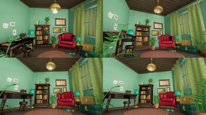 卡通风格小屋客厅室内装饰舞台背景