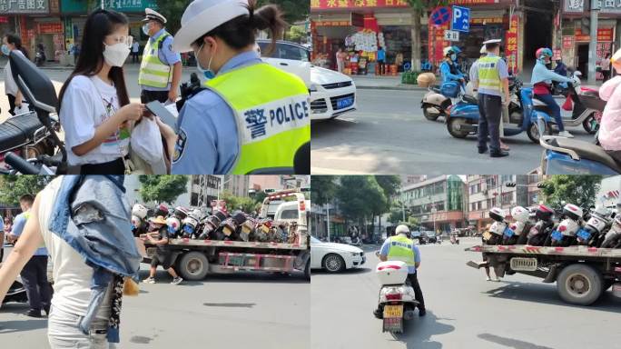 交通警察街道上拦摩托车检查违章交警拉车