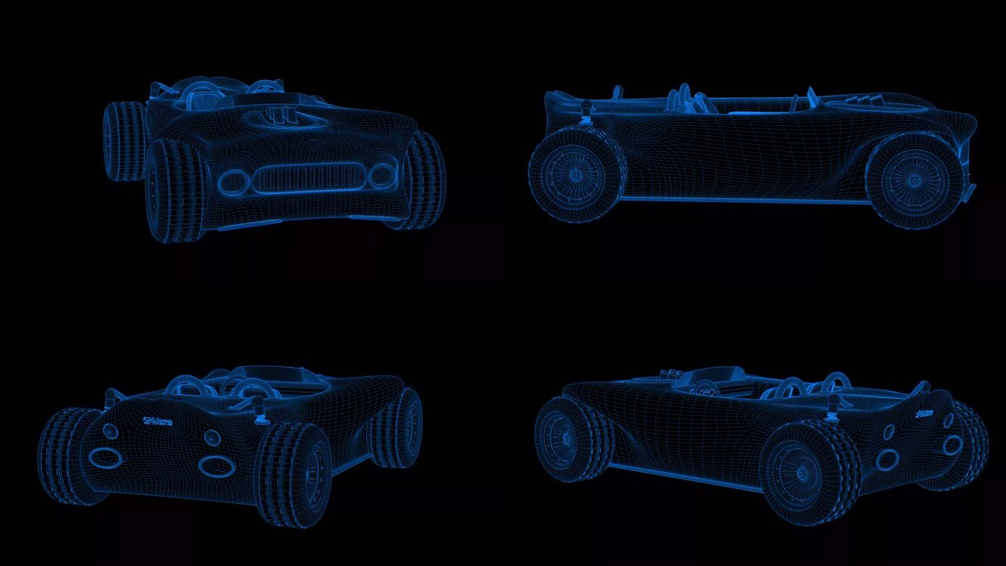 4K蓝色全息科技线框赛车素材带通道