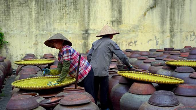 越南妇女在古老的房子院子里制作大豆酱和酱罐，这是一种由大豆制成的发酵豆酱，通常用于越南烹饪