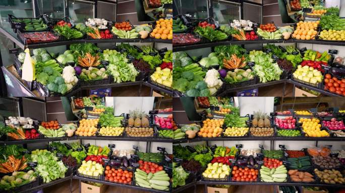 市场摊位上的新鲜水果和蔬菜