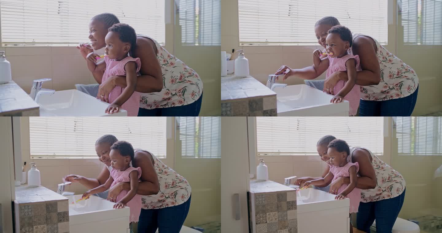 一对年轻母女在家中浴室刷牙的4k视频片段