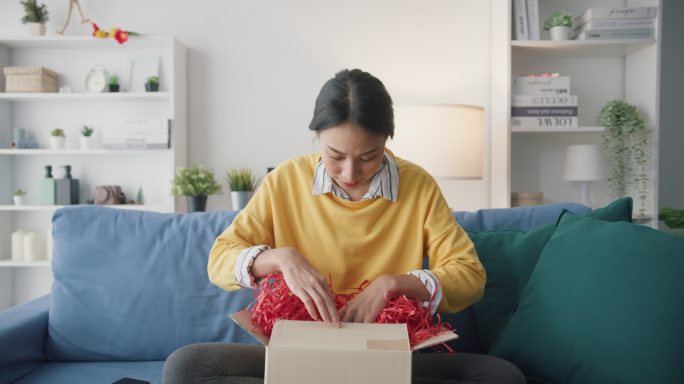 年轻女子打开纸箱，在家里客厅的沙发上收到包裹。