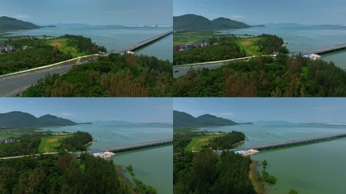 汽车在高速路行驶航拍海陵岛大桥