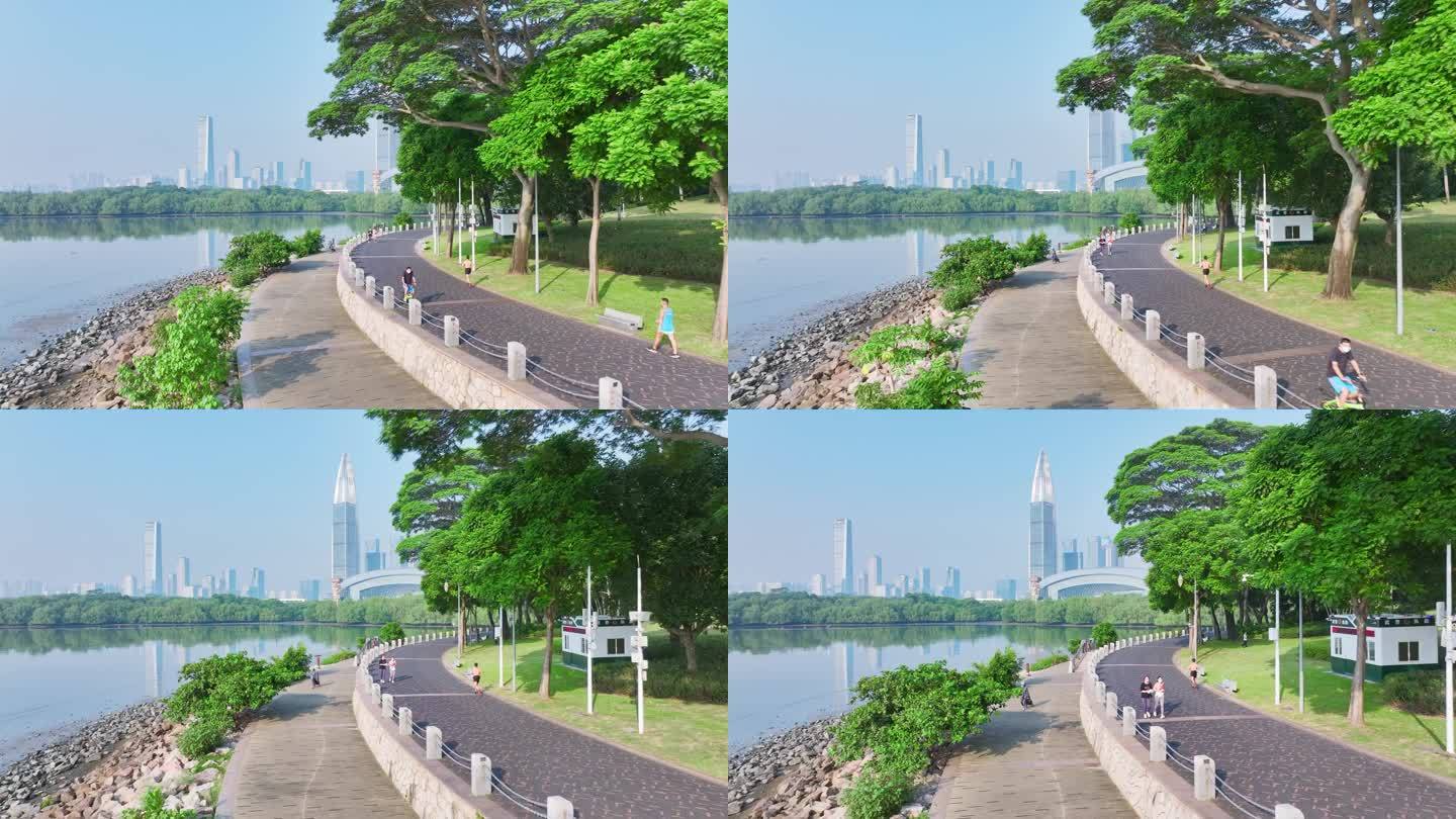 4K正版-深圳湾海边步道骑行散步的人01